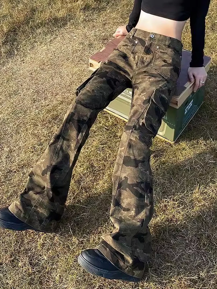 Retro American Camouflage Jeans Men's Women's Slim Fit Flared Pants High Street Sle Autumn Workwear Straight Leg Jeans