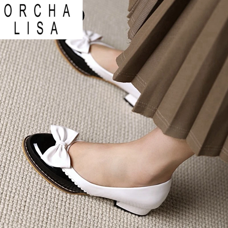 

ORCHA LISA New 2021 Ladies Pumps Round Toe 3cm Heels Patent Leather Slip-On Bowtie Lolita Cute Big Size 48 Casual A3459