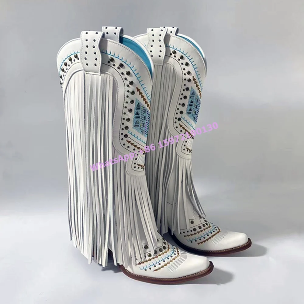 Fringe Rivet Knee High Boots White Blue Sewing Chunky Heels Slip On Western Style Cowgirls Boots Sexy Fashion Women's Shoes 2025