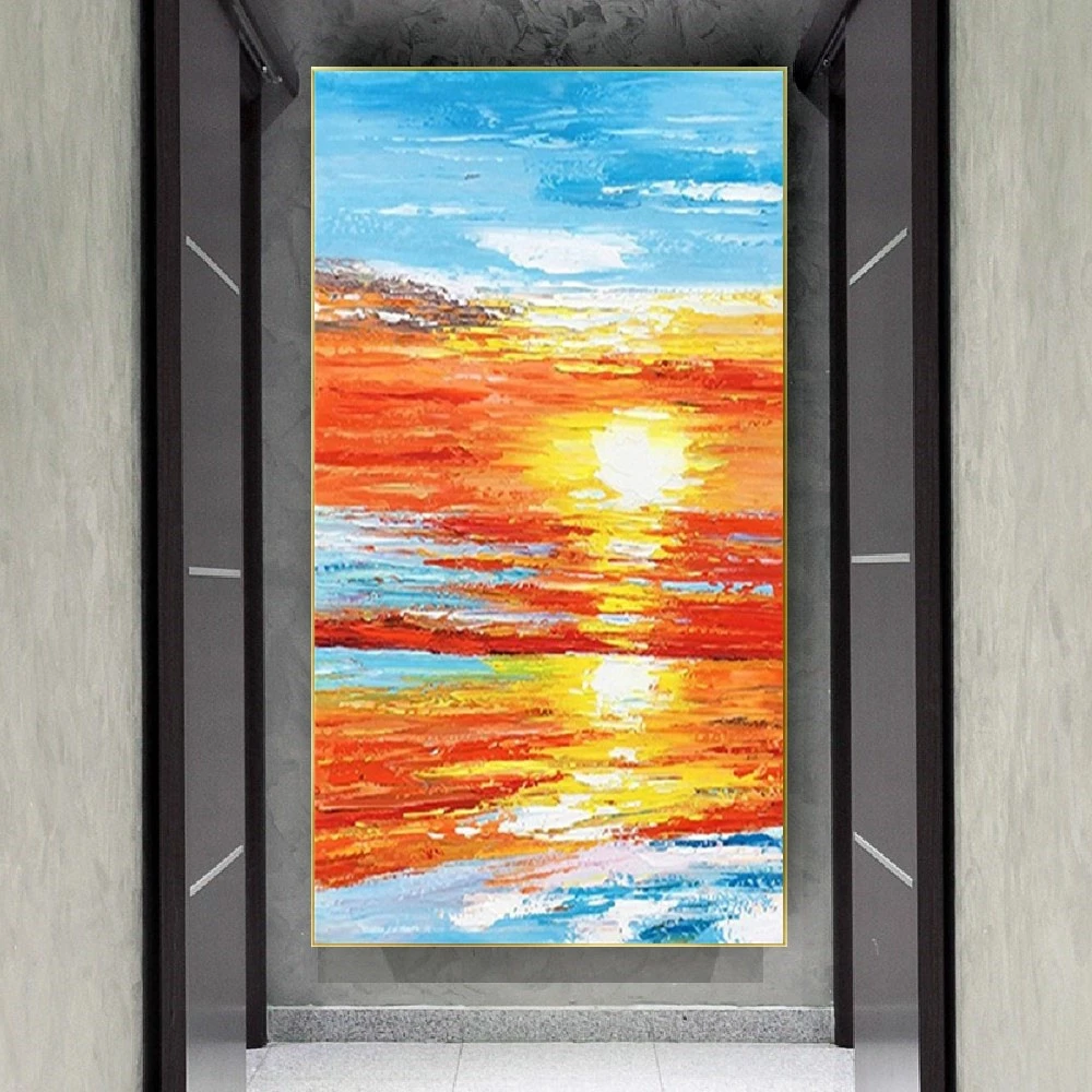 

Hotel Room Decor Poster Seascape Sunrise Scenery Acrylic Drawing Canvas Painting Handmade Orange Oil Picture Wall Art Pieces