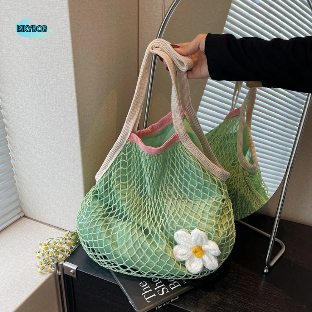 

Polyester Hollow Woven Shoulder Bag Large Capacity Korean Style Flower Mesh Handbags Edge Covering Pockets
