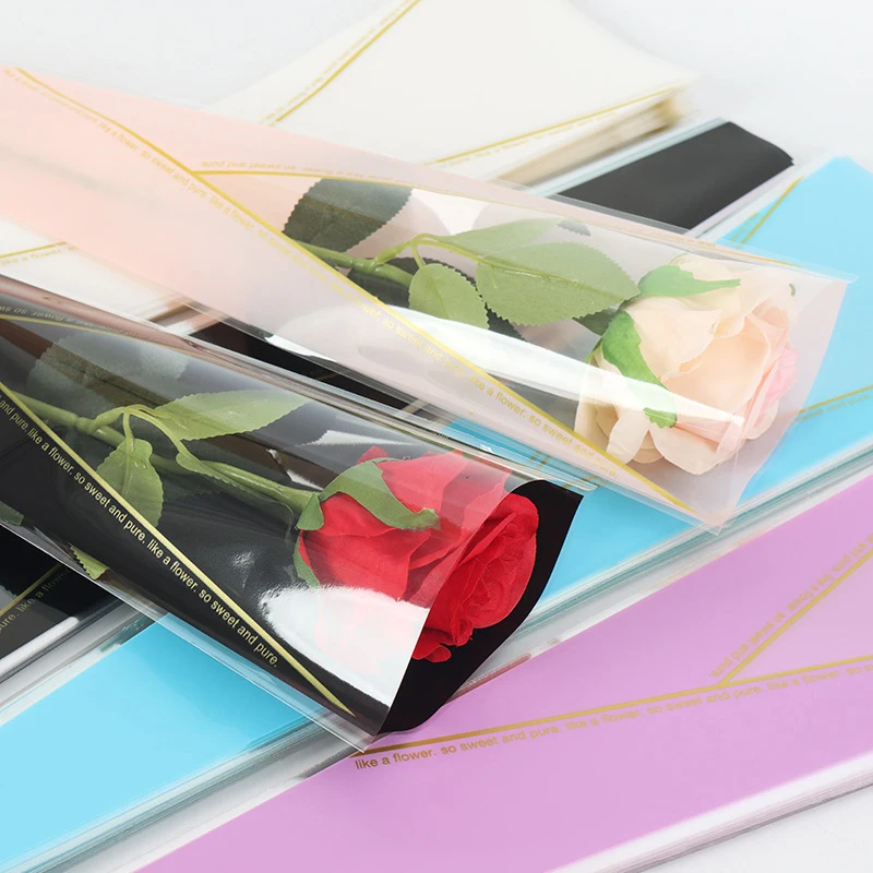 50pcs Single Rose Sleeves Flower Wrapping Bag Bouquet Packaging Bags Clear Cellophane Floral Wrappers For Valentine\'s Day