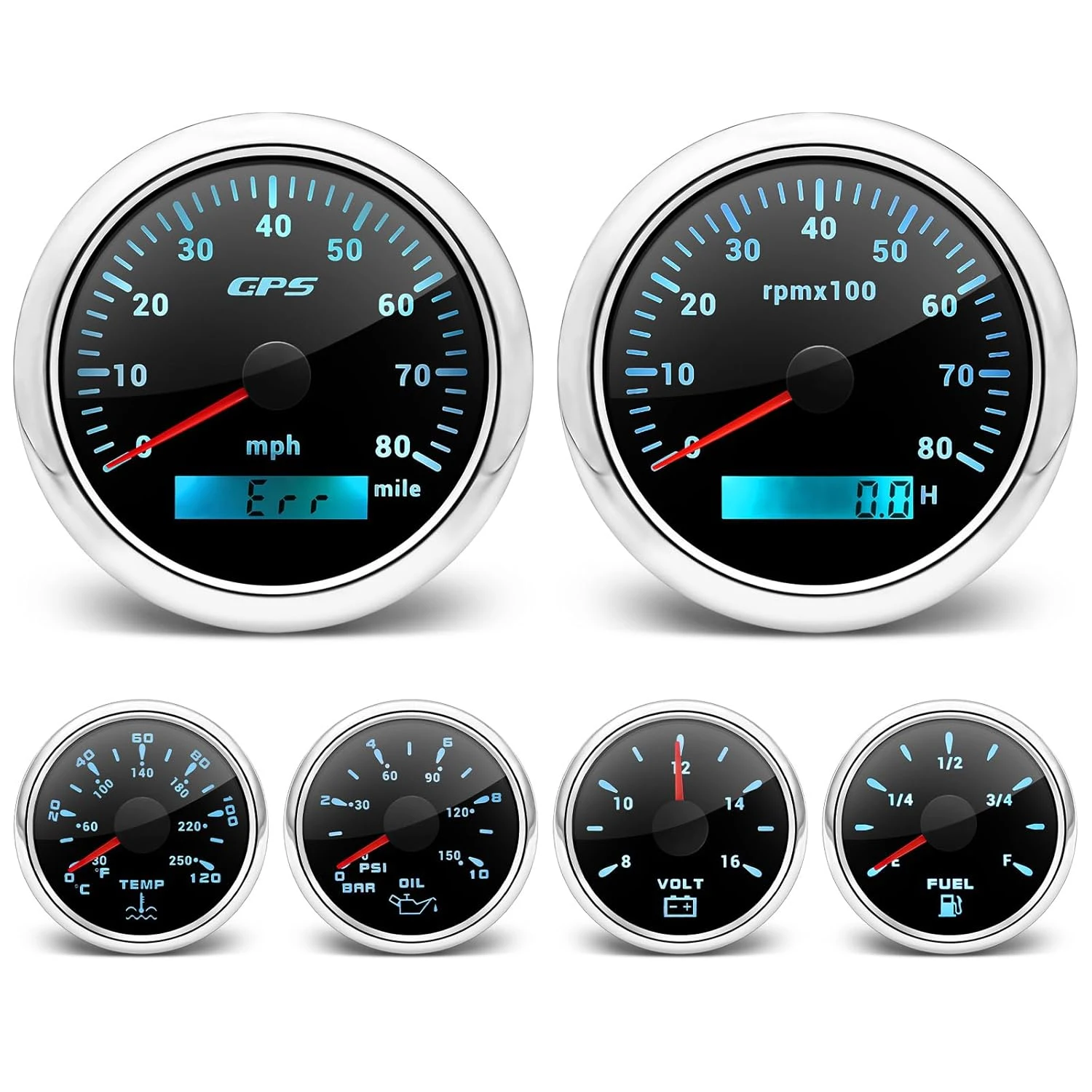 6 Gauge Set GPS Speedometer Tachometer Fuel Level Water Temperature Oil Pressure Voltage Boat Gauges Set Marine Car