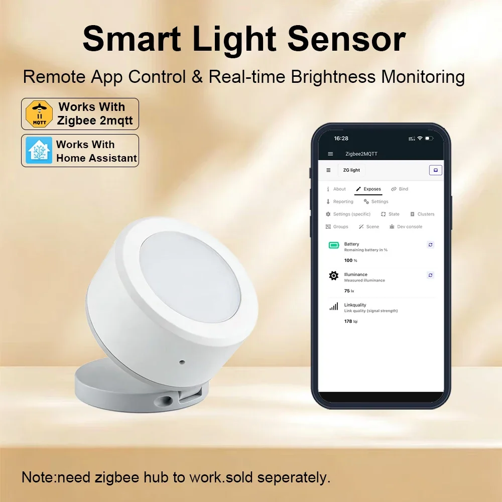 haozee ZigBee Smart Light Sensor Luminance Illumination Brightness Detector Battery Operated Support Home Assistant Zigbee2mqtt