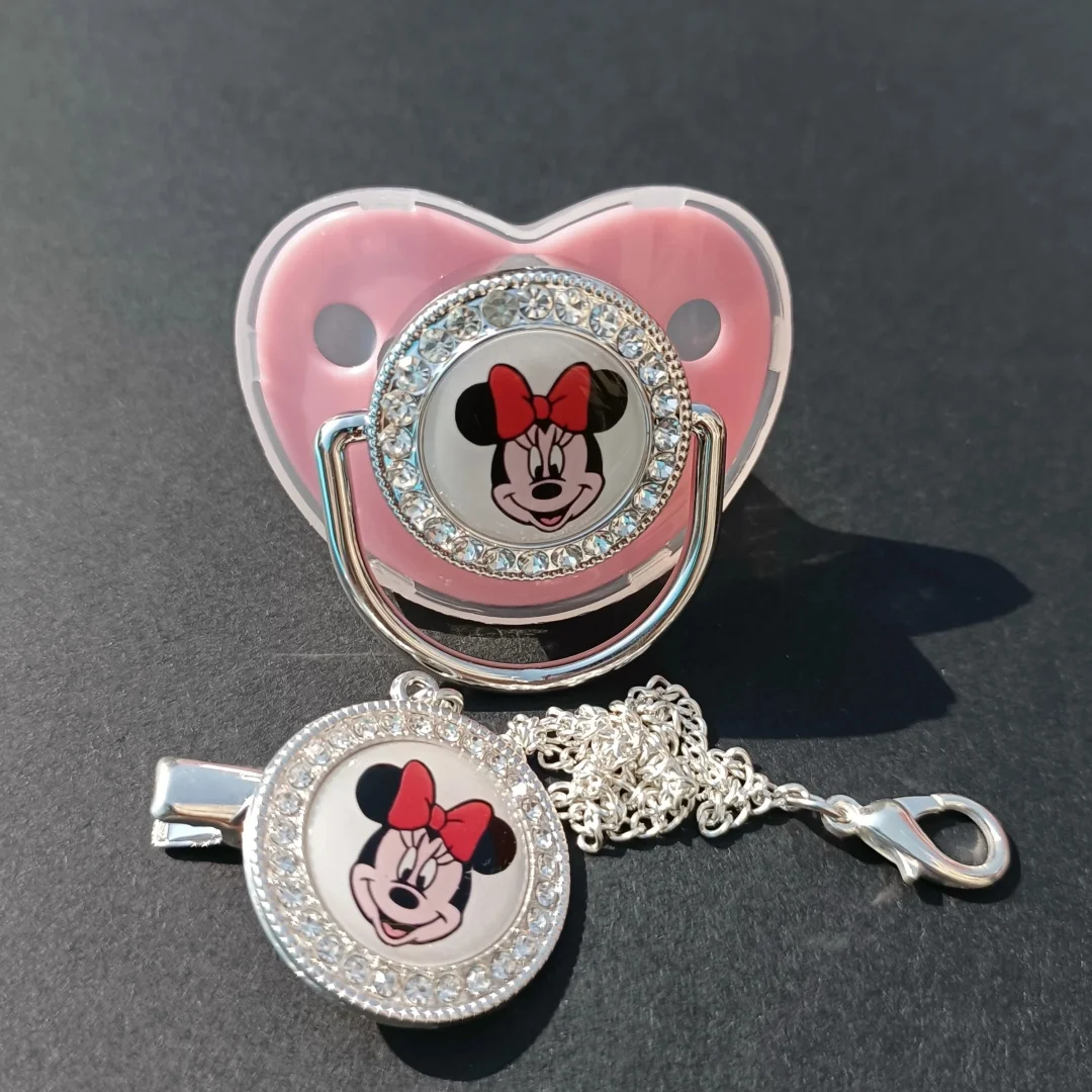 Glitter Minnie Mouse & Mary Cat Deluxe Baby Pacifier and Clip for newborn babies BPA-free children's pacifier Smooth Chupete