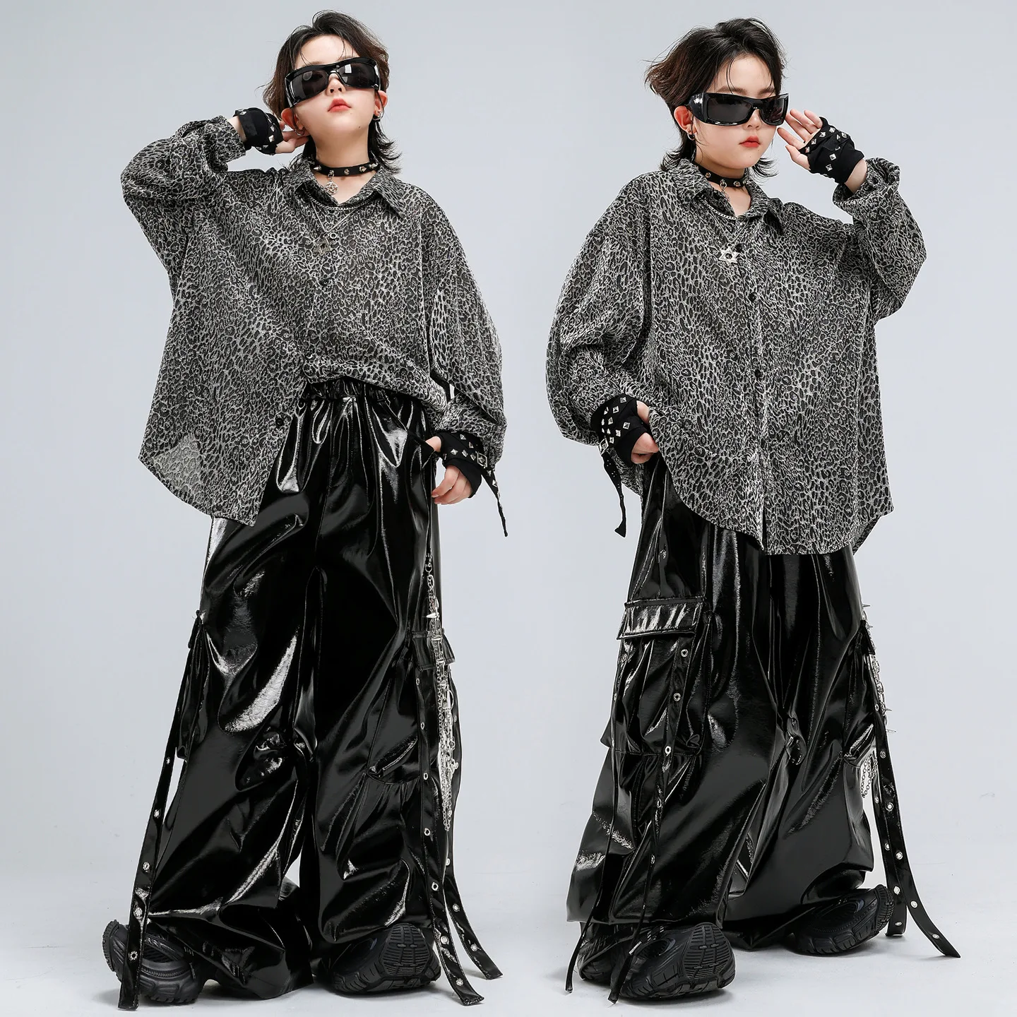 

Kid Kpop Hip Hop Clothing Silver Leopard Print Shirt Top Black Strap Faux Leather Cargo Pants for Girl Boy Dance Costume Clothes
