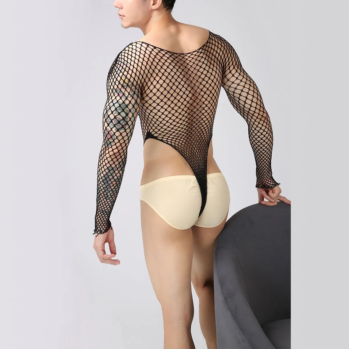 الرجال مثير شبكة صيد السمك ارتداءها 90 كجم يمكن ارتداؤها جولة الرقبة طويلة الأكمام الجوف خارج مغر البرية المثيرة الملابس الداخلية للذكور الكبار