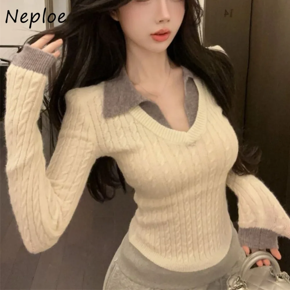 

Neploe Повседневные студенческие пуловеры в консервативном стиле Moda Элегантные панели Искусственный вязаный топ из двух предметов Slim Pure Desire Twist Elegant Mujer