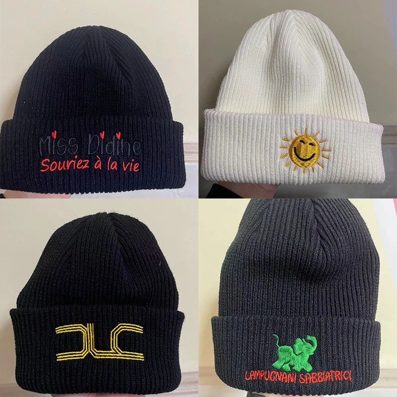 Custom Logo Embroidery Design Beanies DIY Company Team Logo Stretchy Knit Hats Winter Warm Hats Men Women Hats