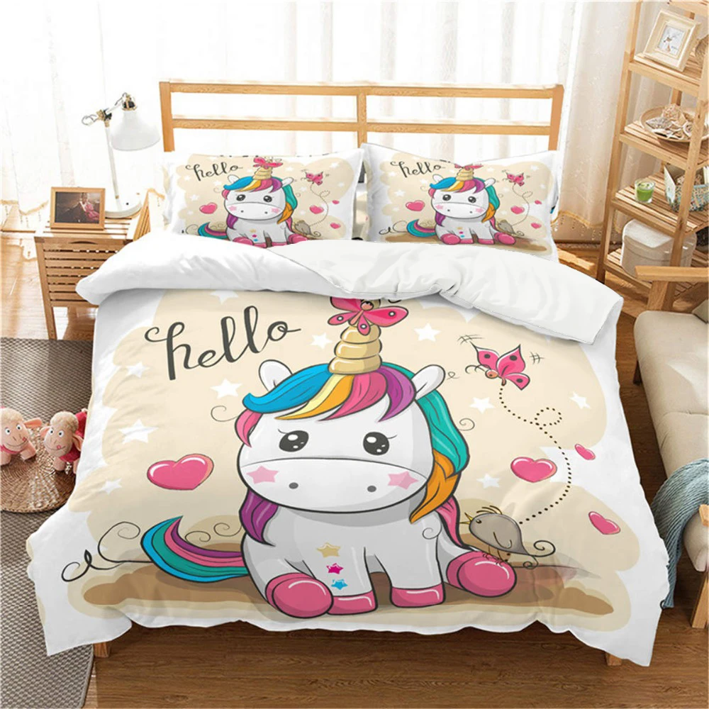 

Unicorn Cartoon 3D Bedding Set Duvet Covers Pillowcases Comforter Luxury Bedclothes Girl Children Home Decor Queen King Size