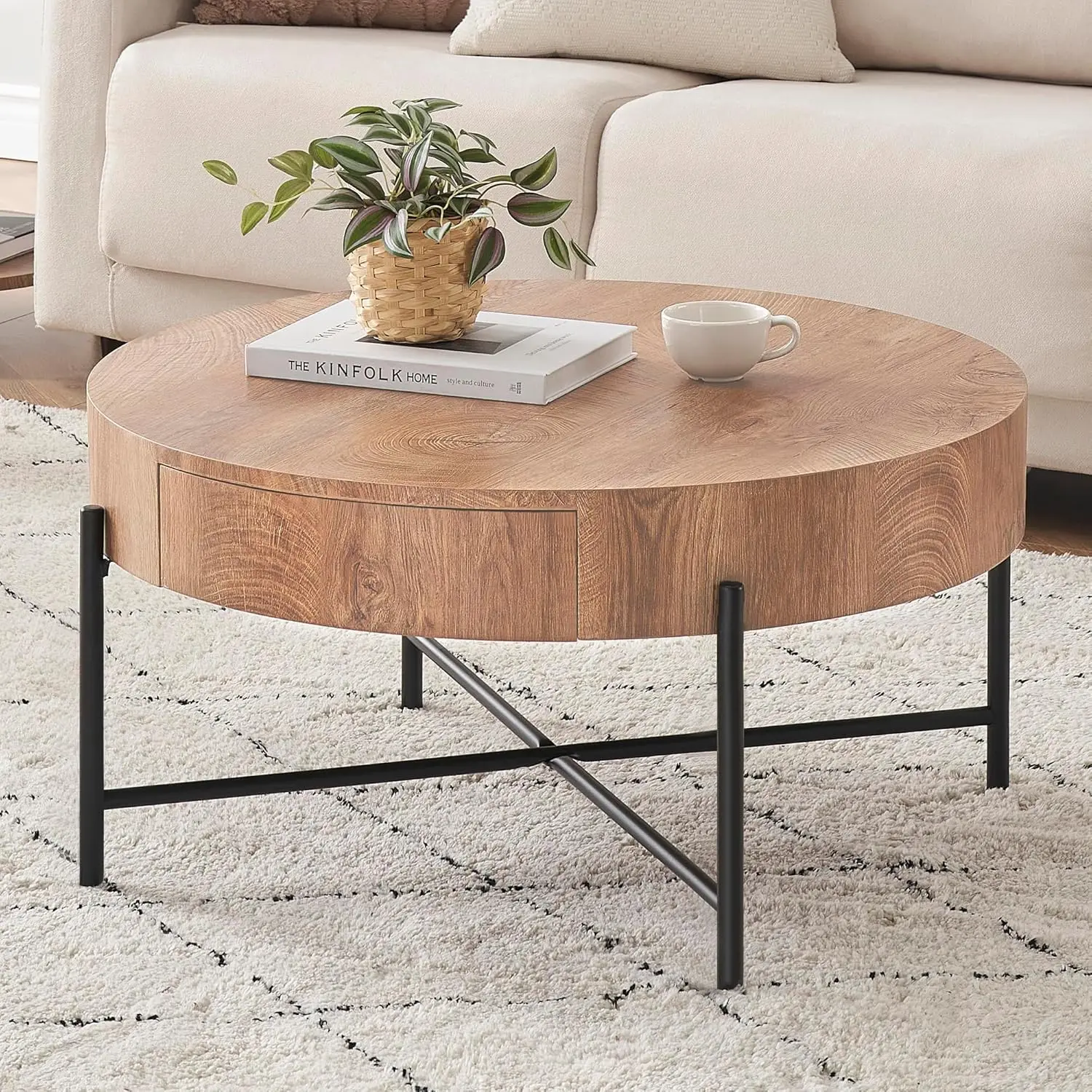 

Coffee Table with Drawers Round Coffee Table with Storage, Wood Accent Center Table, Farmhouse Circle Table for Livin