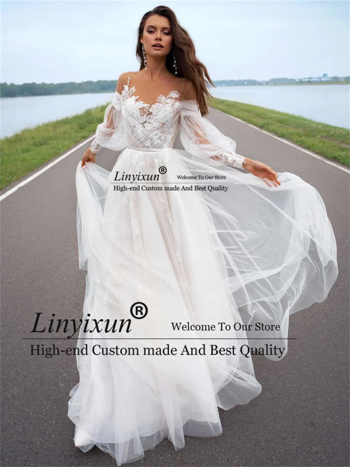 Elegant A-Line ชุดแต่งงาน Sweetheart ปิดไหล่ลูกไม้ Appliques ลูกปัดชุดเจ้าสาว Backless Sweep Train Robe De Mariée