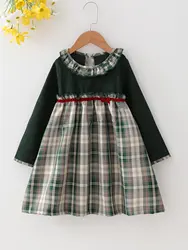 2023 Winter New Girls Dress Long Sleeve O Neck Sashes Patchwork Plaid Green Cute Designer Girls Princess Dress Vestido18M-6T