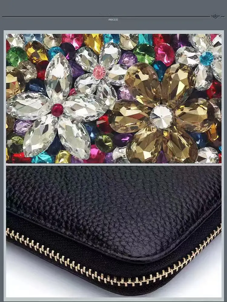 Multifunctional Women Wallet Genuine Cowhide Handbag Credit ID Card Holder Coin Pocket Crystal Rhinestones Diamond Clutch Purse