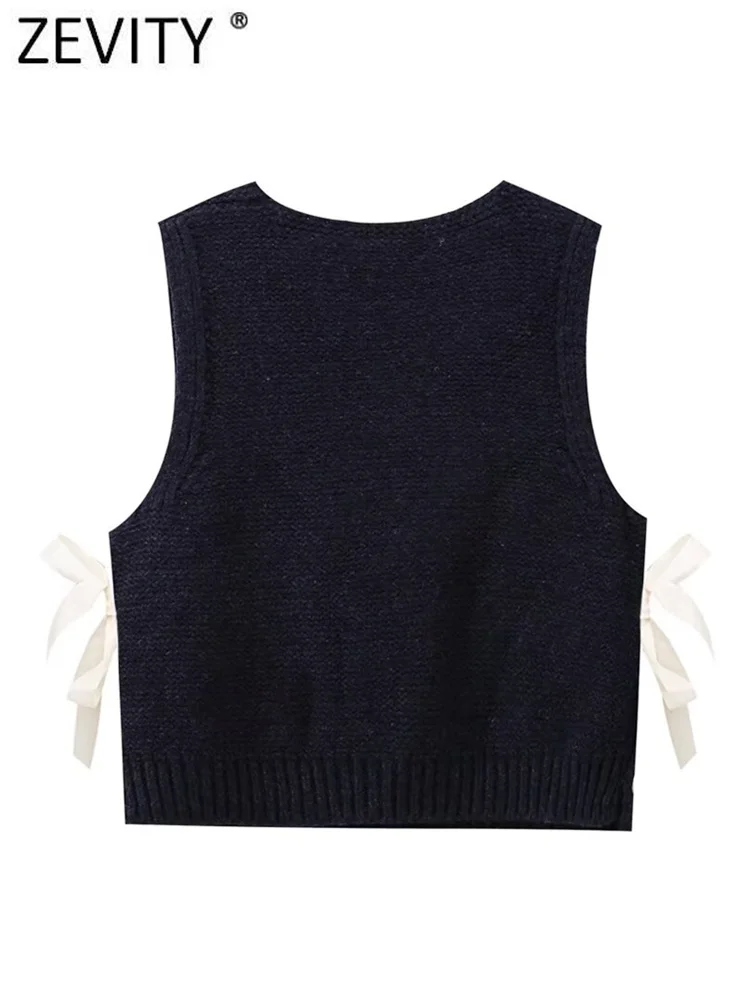 Zevity New Women Fashion Sleeveless Side Bow Tied Design Short Knitting Vest Sweater Female Chic Waistcoat Pullovers Tops SW6301