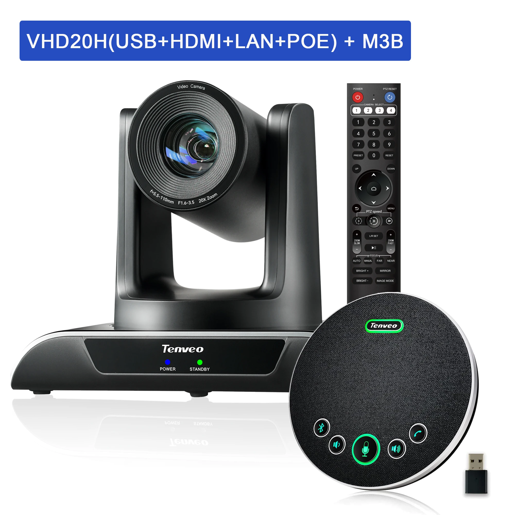 Cámara de Conferencia PTZ Tenveo con Zoom Óptico 20X, USB/HDMI/LAN, con Sistema de Altavoz USB M3B
