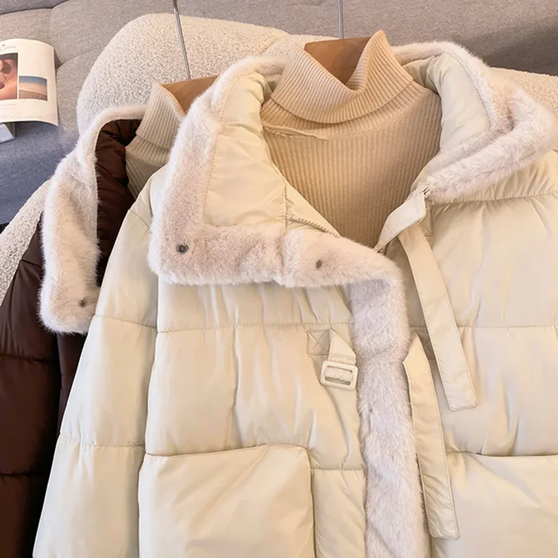 

2025 Women Parkas Cuff Splicing Lamb Wool Stand Collar Warm Cotton Coat Female Winter Thicke Bread Cotton Padded Coat Outerwea