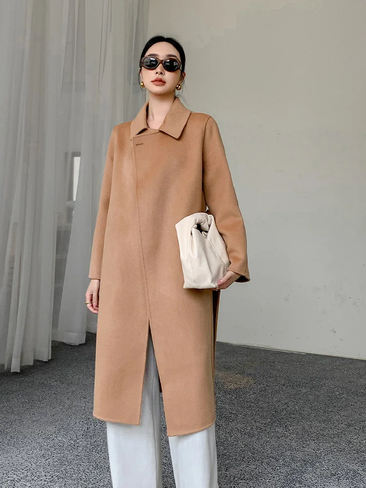 High-End Simple Women's Long-Cut Coat Winter Polo Collar Pure Wool Double-Sided Woolen Coat Invisible Pocket Belt Trench Coat