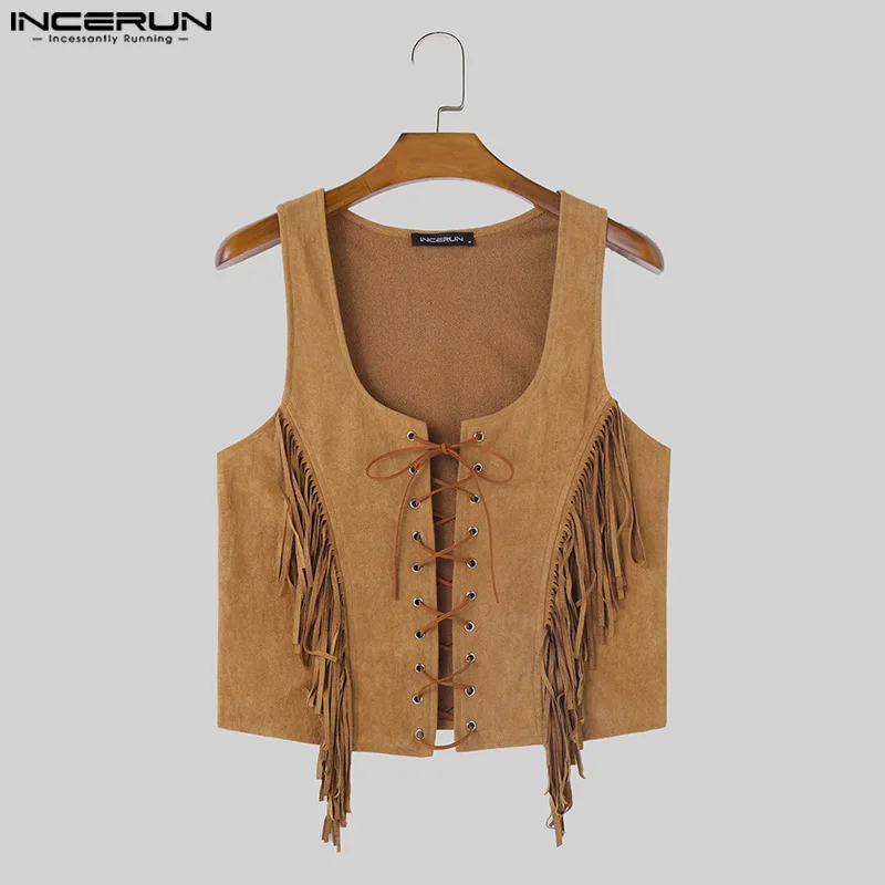 INCERUN Tops 2024 American Style Fashion Men\'s Front Middle Strap Design Vests Male Personality Patchwork Tassel Tank Tops S-5XL