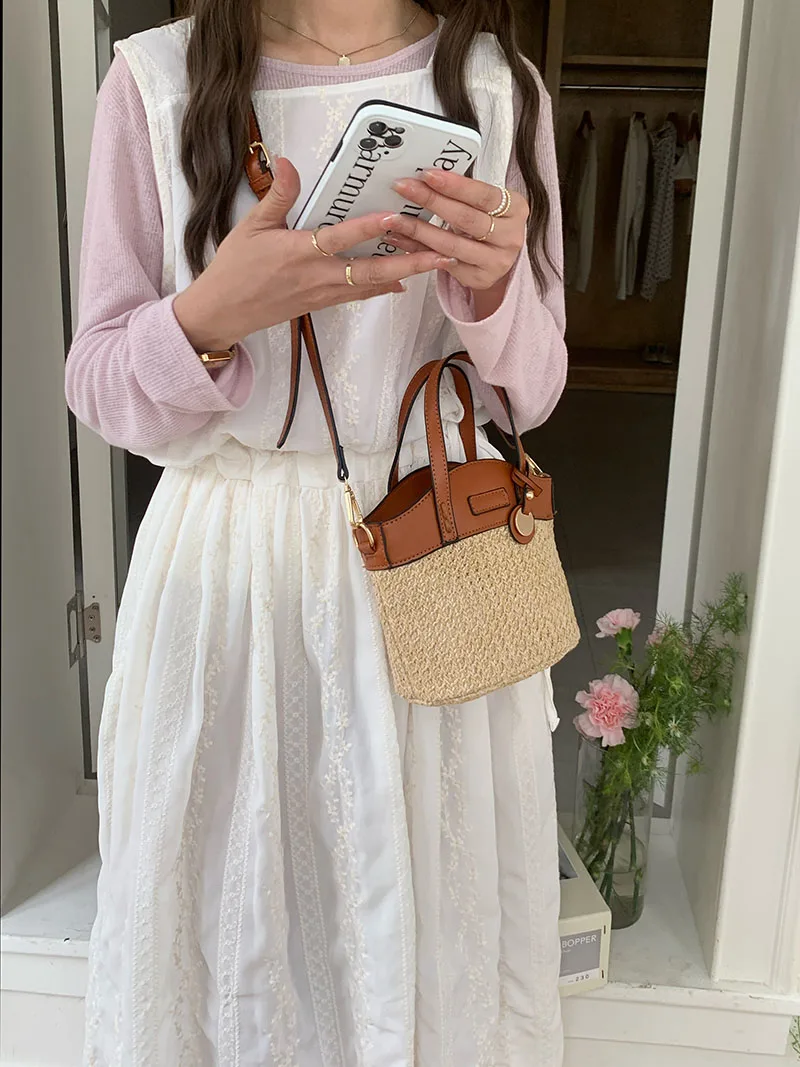Retro Straw Casual Women\'s Bucket Bags Handbags Fashion Woven Beach Ladies Shoulder Bag Simple Travel Female Handbag Tote Purse