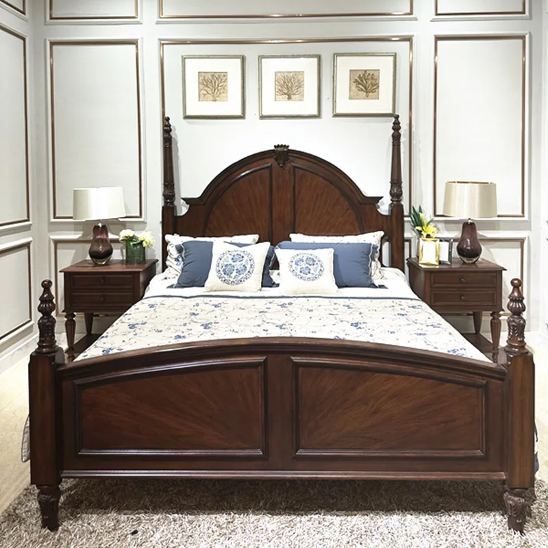 American vintage New Victoria solid wood carved bed, French ART column-style master bedroom
