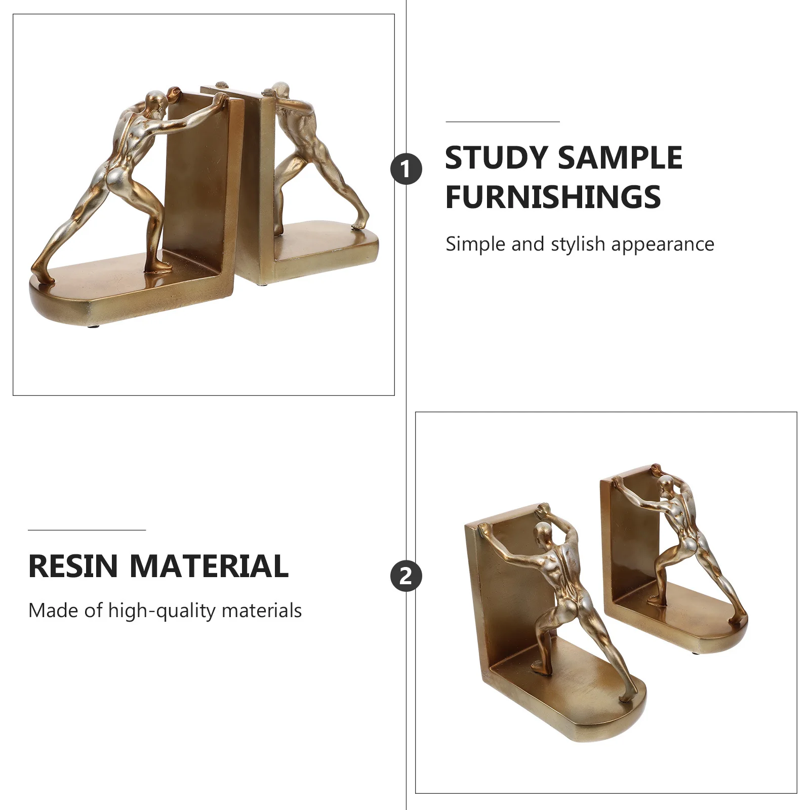 

2pcs Resin Bookends Golden Modern Desktop Adornment Home Office Decor Study Decoration Tabletop Ornament Household Resin Craft