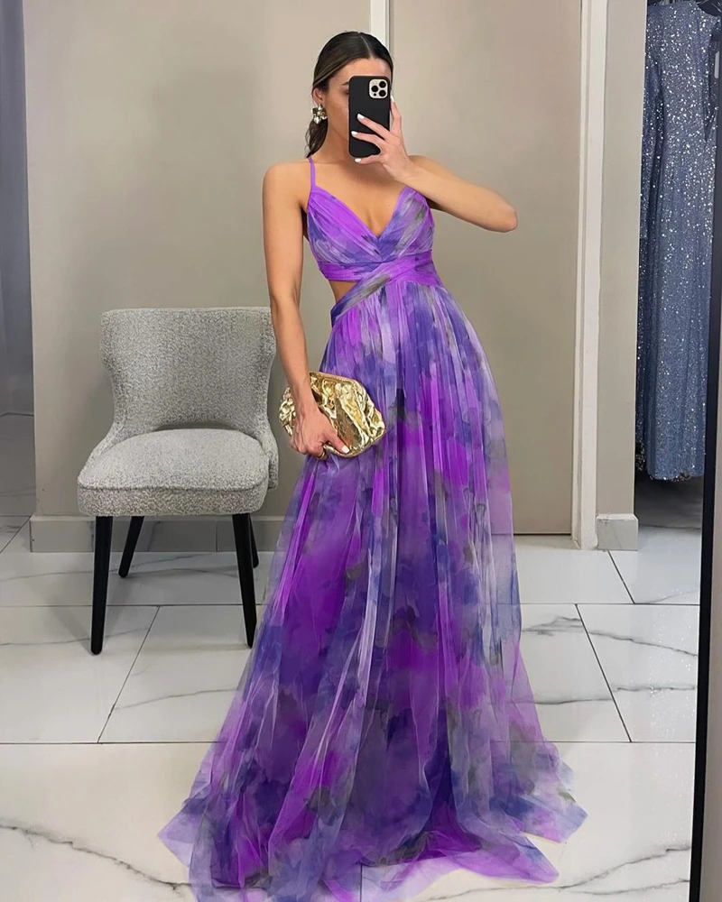 Robe longue de soirée bohème élégante pour femme, printemps 2026, bretelles spaghetti, col en V, dos nu, découpes, vacances