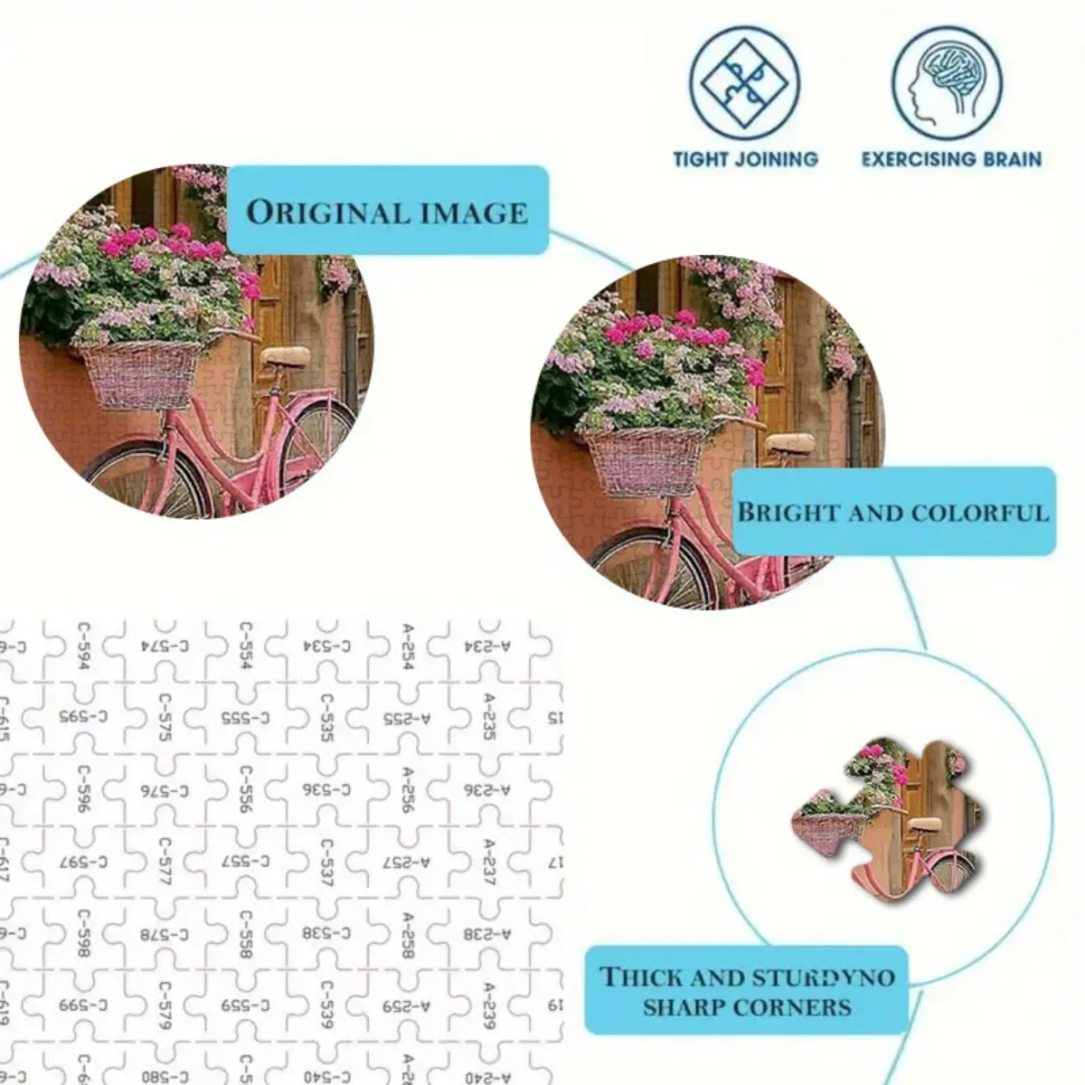 500/1000/1200pcs Extra Large Jigsaw Puzzle - European Village Scene with Pink Bicycle, Floral Houses & Cobblestone Streets - T