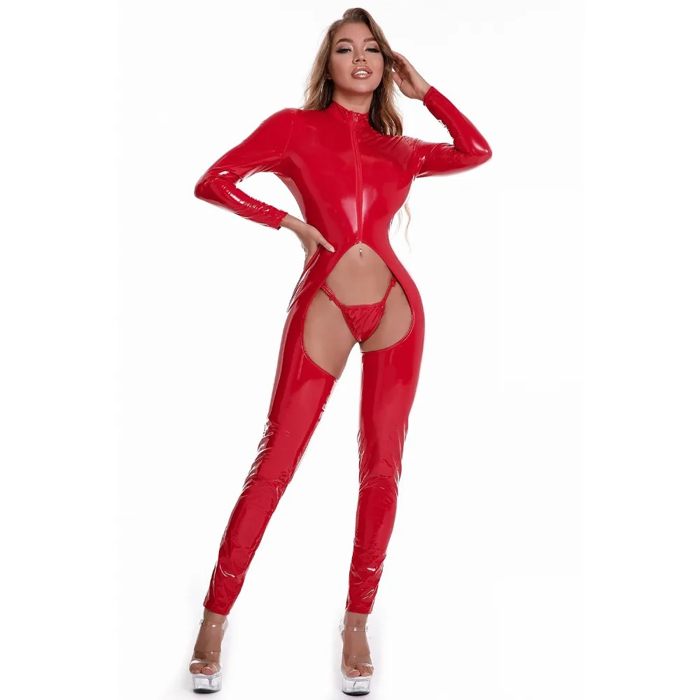 

Women Sexy Lingerie Bodysuits Hollow Out Latex Catsuit Faux Leather Wetlook Jumpsuit Exotic Costumes PU Leather Overalls Suit
