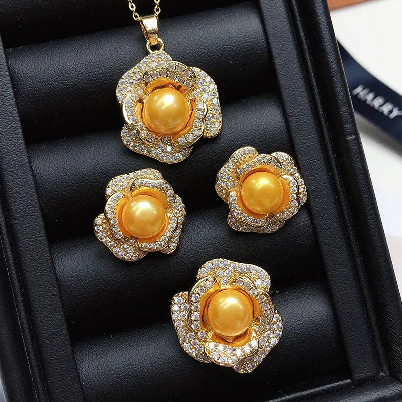 AAAA11-12mm Natural South Sea Golden Pearl 925S.. Inlaid Versatile Noble and Elegant Peony Flower Pendant Ring Earring