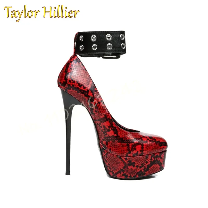 

Red Snake Pattern Super High Heel Women'S Shoes Round Head Stiletto Buckle Strap Water Platform Pumps Elegant Party Pumps Ladies