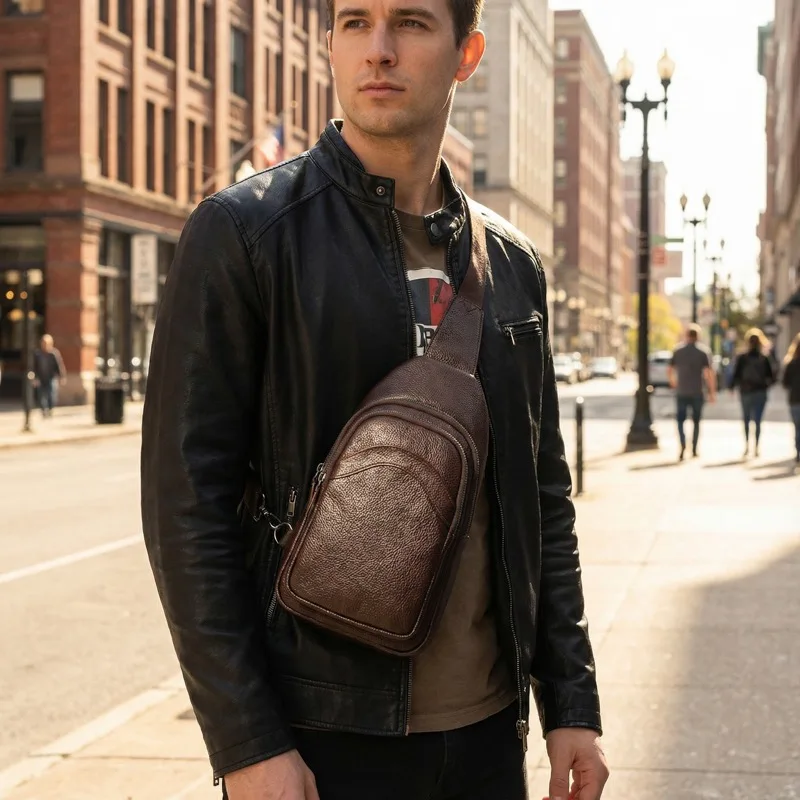 Luxury Designer Men's Genuine Top-Grain Leather Chest Bag 2025 Latest Soft Leather Large-Capacity Casual Crossbody Bag for Daily