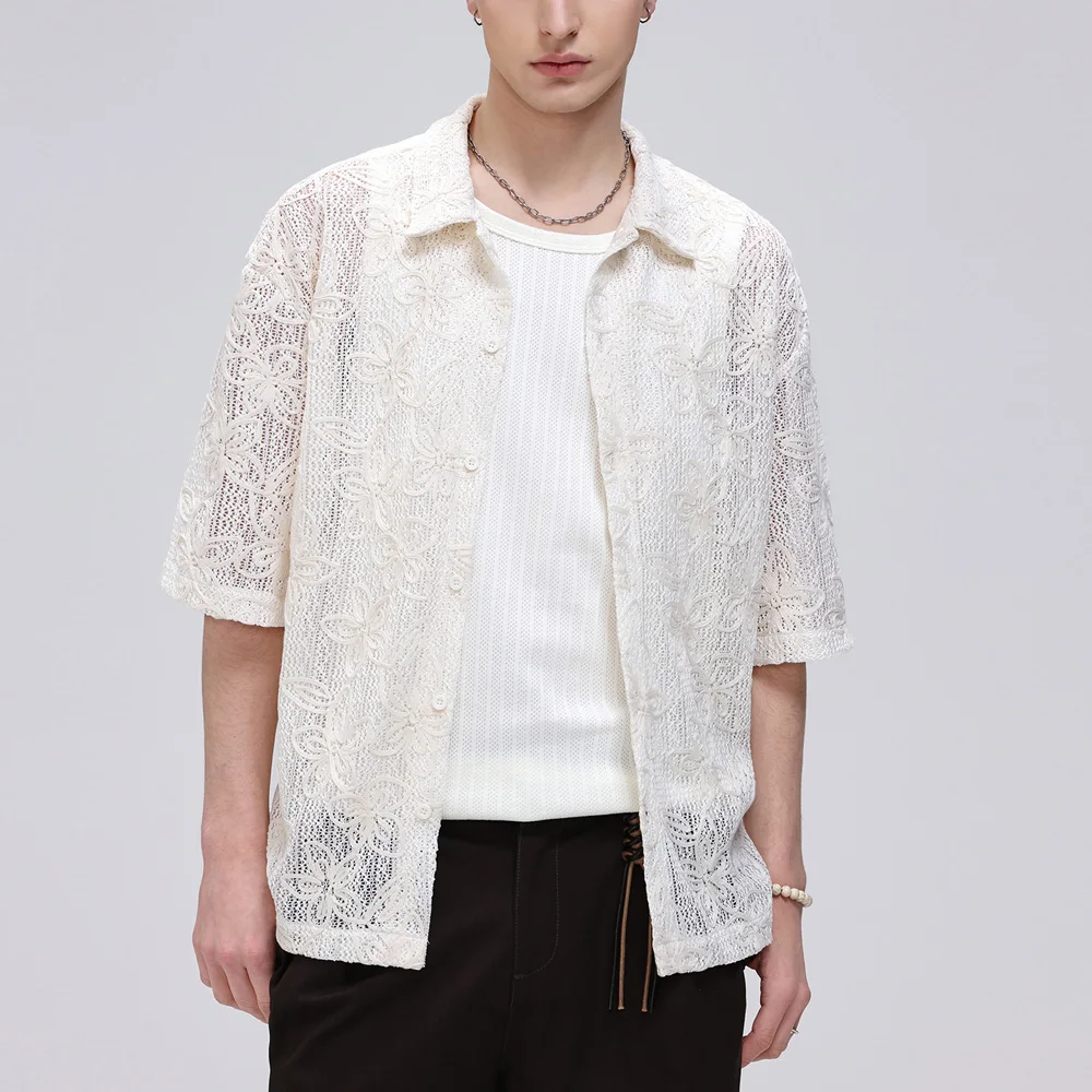 

Shirt Men Women Summer Hollow Knitted Lace Vintage Fashion Loose Casual Short Sleeve Beach Cardigan Shirts Vacation Blouses Tops