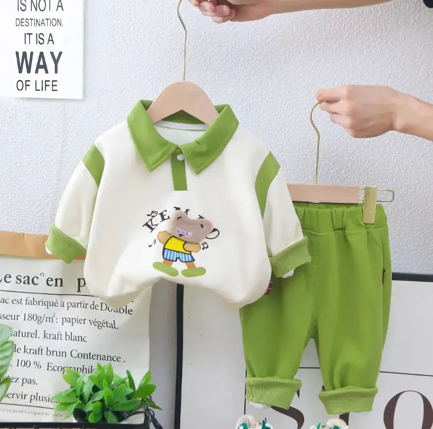 

Korean Style Outfits For Baby Boys Clothes Sets 1 To 6 Years Cartoon Bear Turn-down Collar T-shirts+Pants Kids Girls Tracksuits