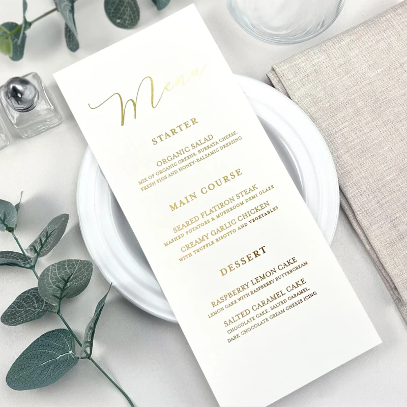 

Personalized Menu Card Wedding Menu with Gold Foil Text Custom Menu with Simple Style Menu, Luxury Restaurant Menu