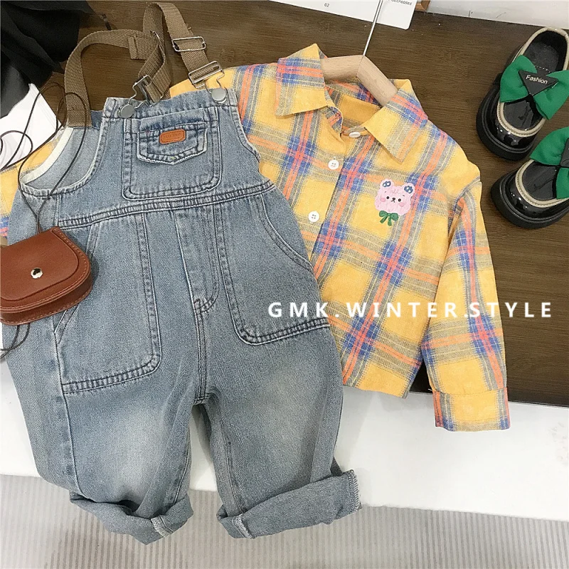 Girls' Spring and Autumn New Set Children's Clothing Autumn Outfit Baby Cartoon Plaid Shirt Vintage Distressed Denim Back