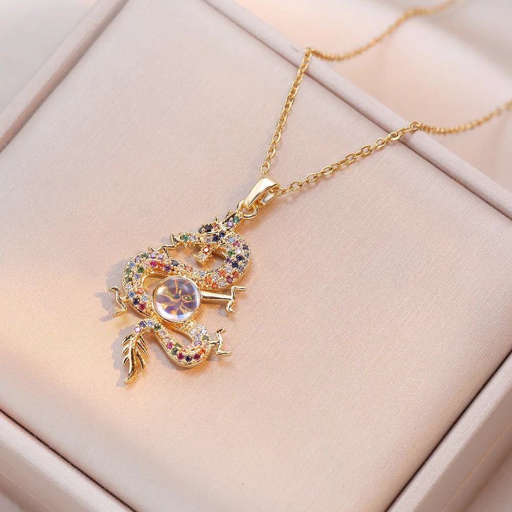 Classic Chinese Style Exquisite Auspicious Dragon Signet Pendant Necklace for Men Charm Fashion Lucky Moonstone Amulet Jewelry