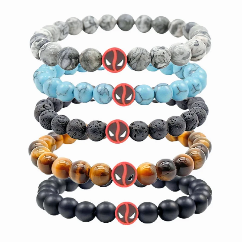 Cartoon Anime Deadpools Handmade Beaded Bracelet Adjustable Black Frosted Beaded Men's Bracelet for Boys Fashion Holiday Gifts