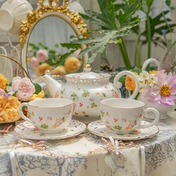 English Exquisite Coffee Cup Saucer Set Pastoral Gold Ceramic Home Drinkingware Afternoon Tea Set Flower Black Tea Coffee Pot