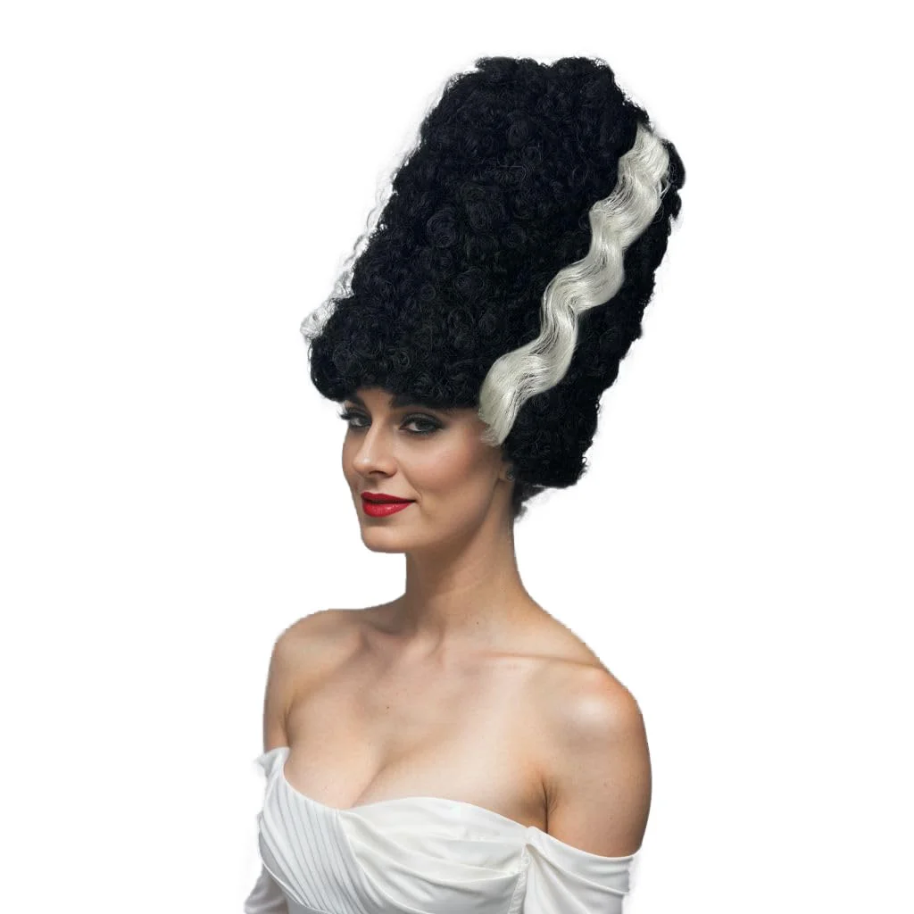 Synthetic Medium Length Black and White Coily Bride Of Frankenstein Cosplay Wig For Halloween Holiday Party Cosplay