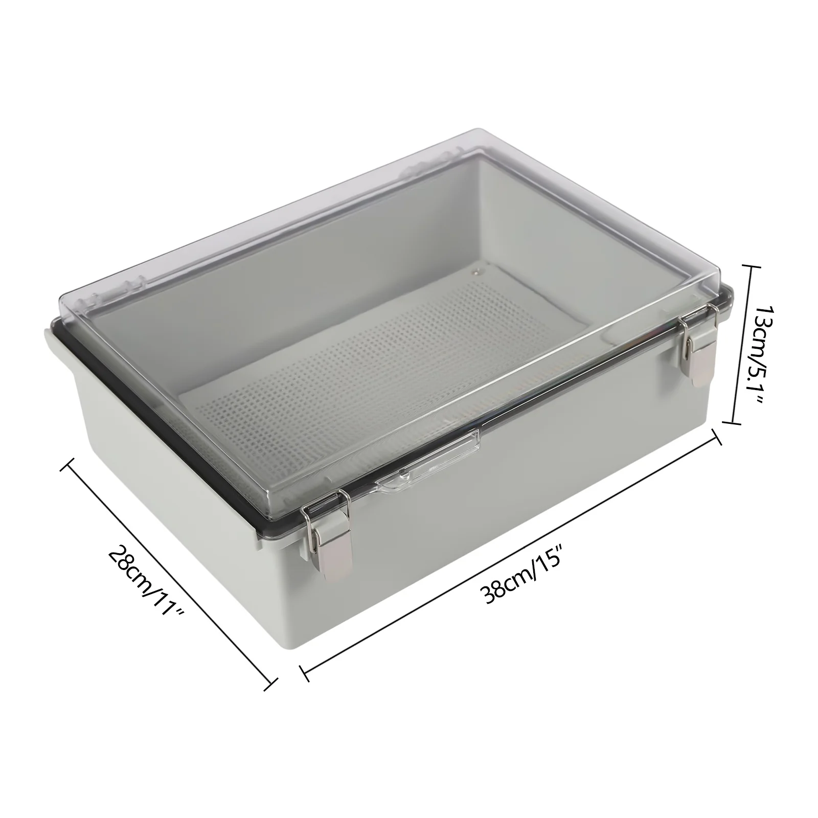 Scatola di distribuzione 15"x11" X5,1 pollici Coperchio trasparente, Coperchio incernierato Scatola di giunzione con chiusura in acciaio inossidabile con piastra di montaggio