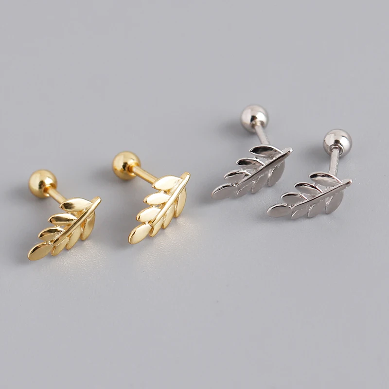 WANTME 925 Sterling Silver Fashion Simple Ear Bone Piercing Screw Beads Leaf Stud Earrings for Baby Women Statemnet Gold Jewelry