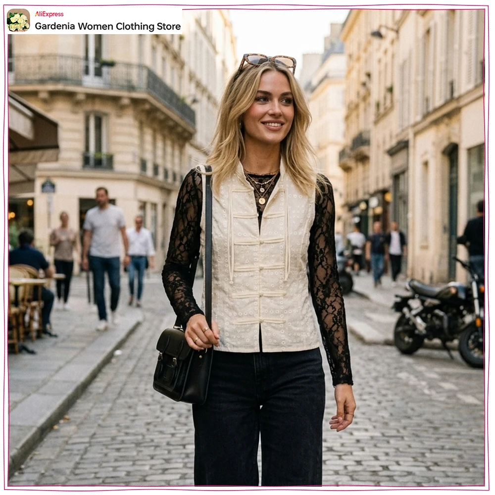 Elegant Chic Women Embroidered Eyelet Tops with Frog Fastening New Summer Fabulous Round Neck Sleeveless Tops with Front Buttons