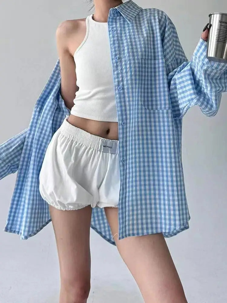 เสื้อเชิ้ตแขนยาวสไตล์วินเทจเกาหลี ลายสก็อตสีเหลือง น้ำเงิน แดง ติดกระดุมแถวเดียว สำหรับผู้หญิง แฟชั่นฤดูใบไม้ผลิและฤดูใบไม้ร่วง