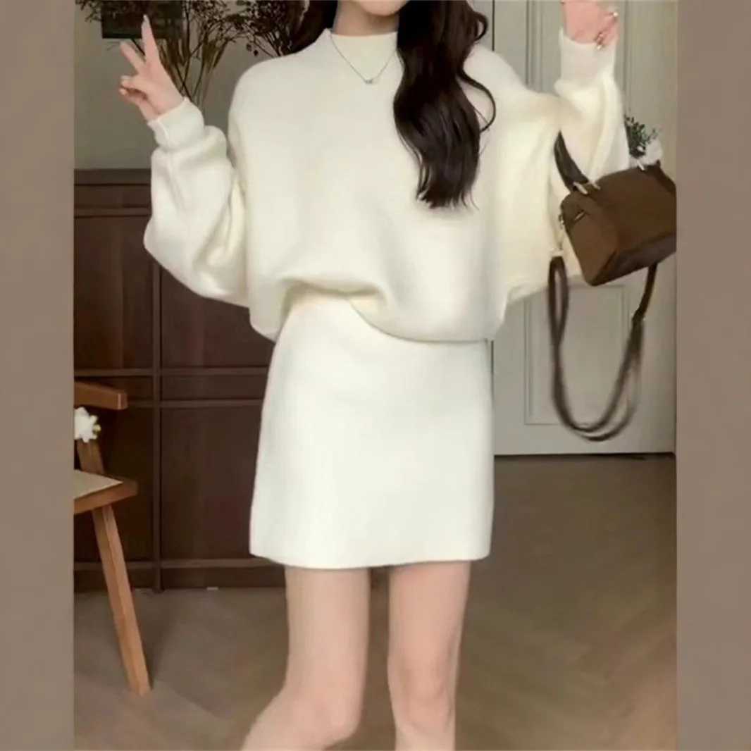 

Свитер с высоким воротником для женщин, осенне-зимний новый корейский модный утягивающий полуюбка, вязаный комплект из двух предметов