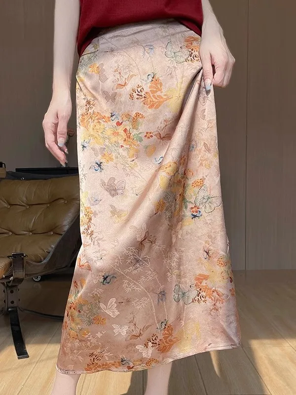 Zomer Nieuwe Hoge Taille Slim Fit Gedrukt Satijnen F Rok Vrouwen Halflange A-lijn Rok Met Sa Hoge Taille uitlopende Rok