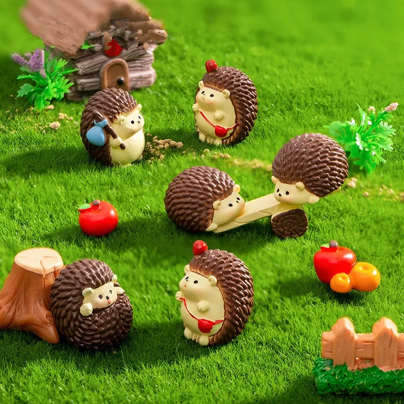 7 Uds figuritas en miniatura lindo erizo resina Micro adornos de paisaje para decoraciones del hogar decoración de la habitación accesorios de jardín DIY
