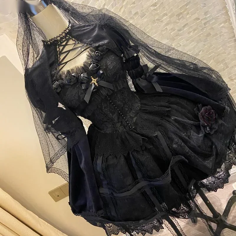 Vestido de Lolita gótico victoriano japonés para mujer, vestido Vintage de encaje Rosa dulce, vestidos de princesa elegantes para fiesta de vacaciones, vestido antideslizante oscuro
