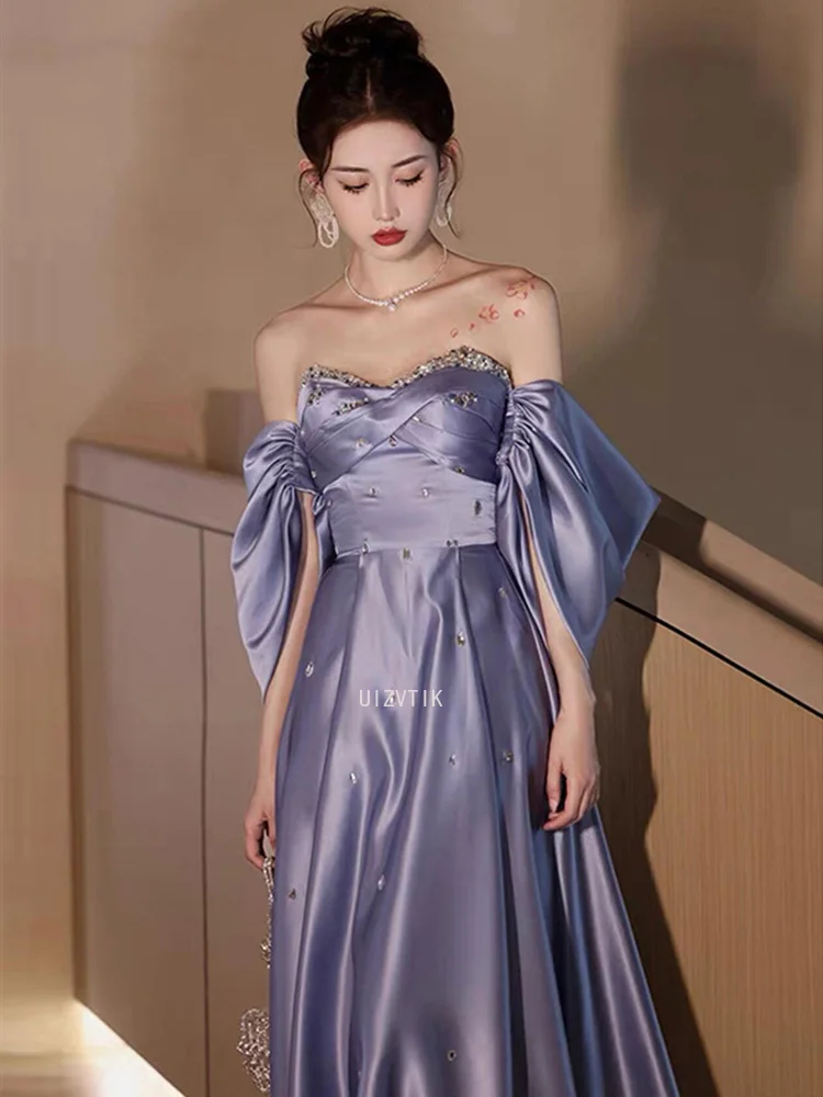 فستان سهرة من الساتان مخصص للنساء على شكل قلب كريستال مطوي على شكل حرف A بطول الأرض فساتين حفلات مناسبة رسمية