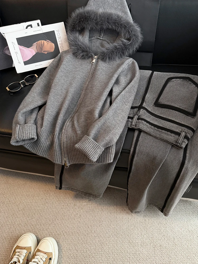 

Fashionable Grey Knitted Set Women's Autumn 2026 Trendy Outerwear Top Wide Leg Jeans Two Piece Set High End Feel Brand New On...